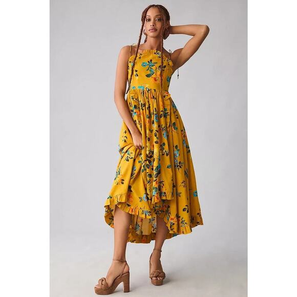 NWT Anthropologie Maeve High-Low Pleated-Trim Floral Dress Size 2 Maize #MD420 - Picture 1 of 14